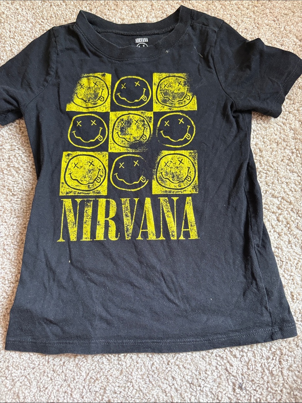 NIRVANA Black Tee with Yellow Smiley Grid
